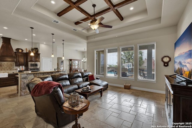 108 Westfield Ln, Vernia, TX 78121 - living area with stone tile floors, a ceiling fan, healthy amount of natural light, recessed lighting, and a high ceiling