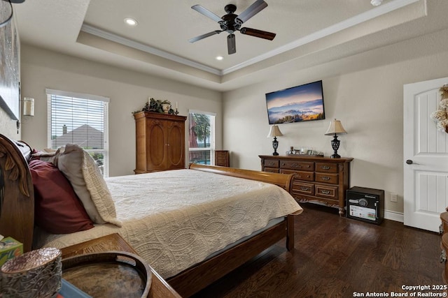 108 Westfield Ln, Vernia, TX 78121 - bedroom featuring crown molding, wood finished floors, a raised ceiling, recessed lighting, and a ceiling fan