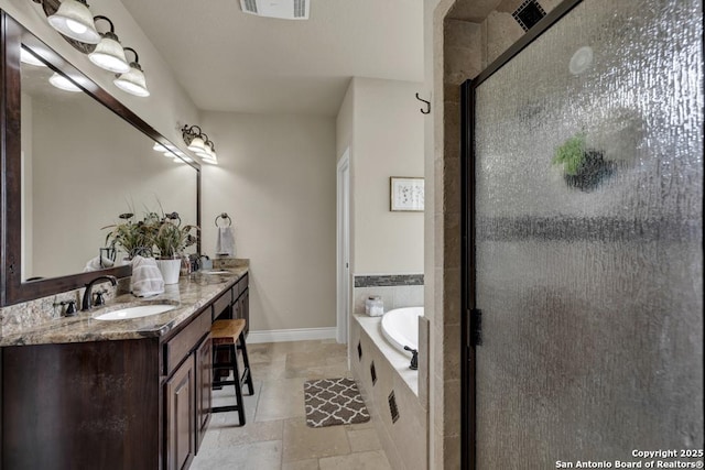108 Westfield Ln, Vernia, TX 78121 - full bath featuring a stall shower, a bath, double vanity, and baseboards