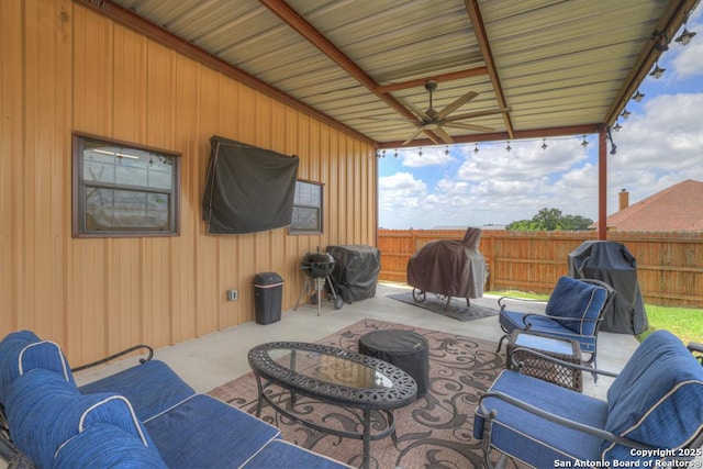 108 Westfield Ln, Vernia, TX 78121 - view of patio / terrace featuring a ceiling fan, outdoor lounge area, and a grill