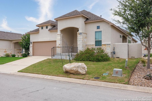147 Bedingfeld, Shavano Park, TX 78231 - view of front facade featuring driveway, stone siding, a front yard, roof with shingles, and stucco siding