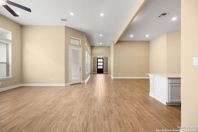 147 Bedingfeld, Shavano Park, TX 78231 - empty room with ceiling fan, plenty of natural light, light wood-style flooring, and recessed lighting