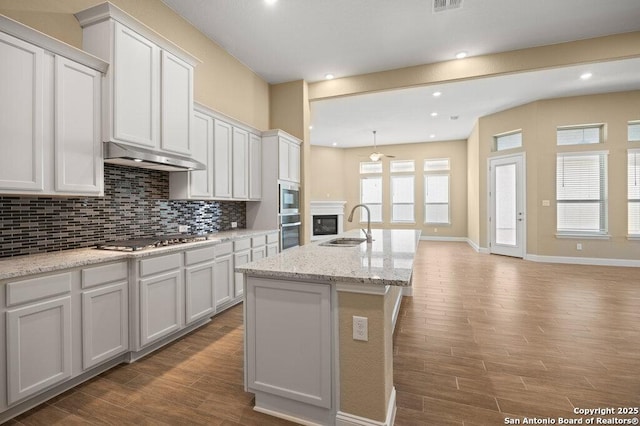 147 Bedingfeld, Shavano Park, TX 78231 - kitchen with appliances with stainless steel finishes, a sink, backsplash, wood finished floors, and recessed lighting