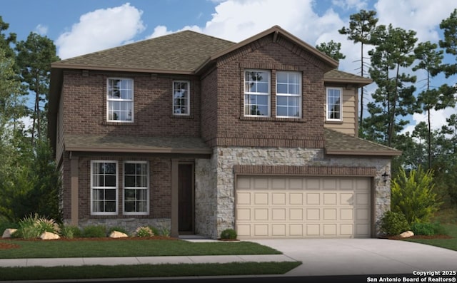 2352 Bluegill Blf, San Antonio, TX 78253 - view of front facade featuring driveway, roof with shingles, an attached garage, brick siding, and stone siding