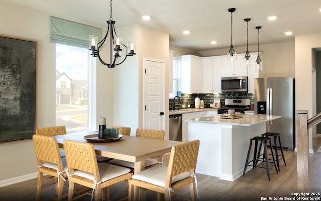 2352 Bluegill Blf, San Antonio, TX 78253 - kitchen with stainless steel appliances, a kitchen island, decorative backsplash, a sink, and dark wood-type flooring