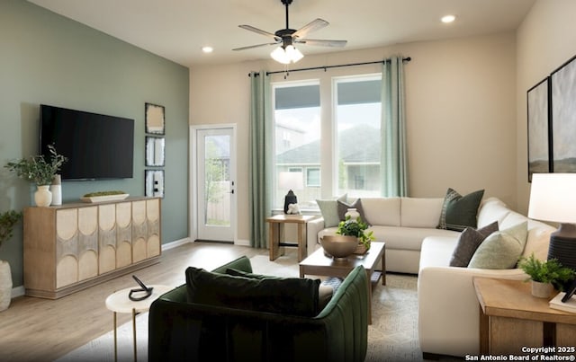 2352 Bluegill Blf, San Antonio, TX 78253 - living room with light wood-style flooring, recessed lighting, a ceiling fan, and baseboards