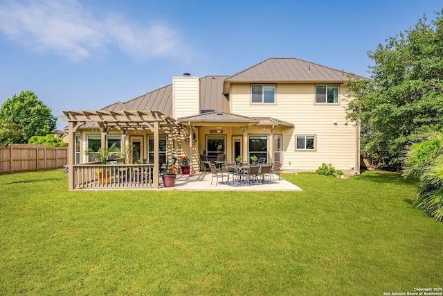 3353 Joshs Way, Marion, TX 78124 - back of property featuring a standing seam roof, a pergola, a patio, a chimney, and metal roof
