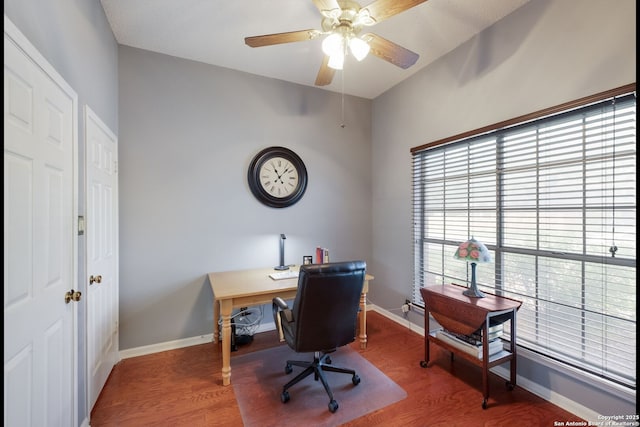 5626 Timber Strm, San Antonio, TX 78250 - office space with wood finished floors, a ceiling fan, and baseboards