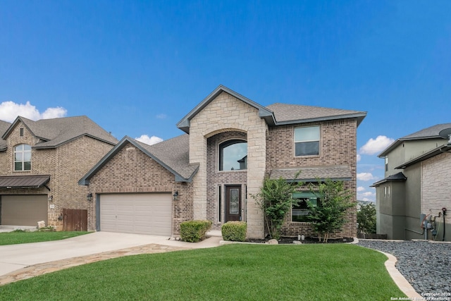 23414 Seven Winds, San Antonio, TX 78258 - french country style house featuring brick siding, driveway, a front yard, a garage, and a shingled roof