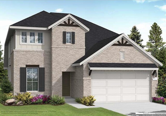 2615 Tortuga Verde, San Antonio, TX 78245 - view of front facade with brick siding, an attached garage, driveway, roof with shingles, and a front lawn