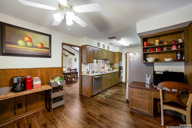 713 Fawndale, Windcrest, TX 78239 - kitchen with stainless steel dishwasher, dark wood-style floors, ceiling fan, a desk, and a sink