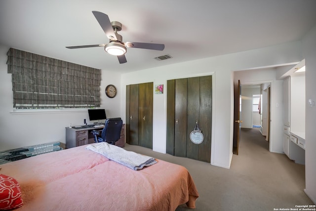 713 Fawndale, Windcrest, TX 78239 - bedroom with two closets, light colored carpet, a desk, and ceiling fan