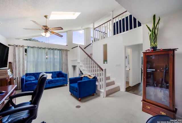 713 Fawndale, Windcrest, TX 78239 - carpeted office with ceiling fan, high vaulted ceiling, and a skylight