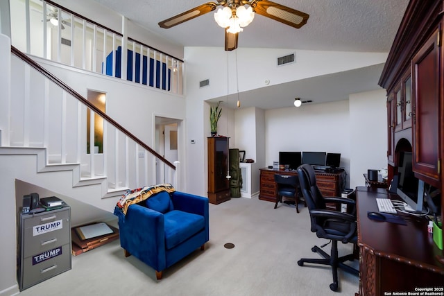 713 Fawndale, Windcrest, TX 78239 - home office with carpet flooring, ceiling fan, and high vaulted ceiling