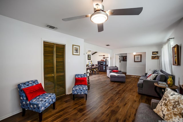 713 Fawndale, Windcrest, TX 78239 - living room with wood finished floors, a ceiling fan, and baseboards