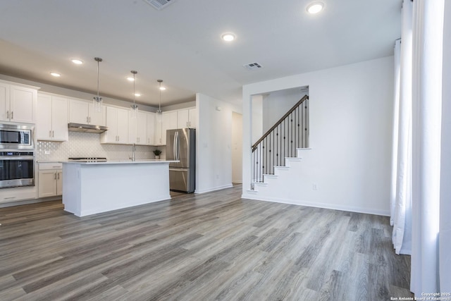 8639 Hedford, San Antonio, TX 78254 - kitchen with appliances with stainless steel finishes, light wood-style flooring, under cabinet range hood, white cabinetry, and recessed lighting