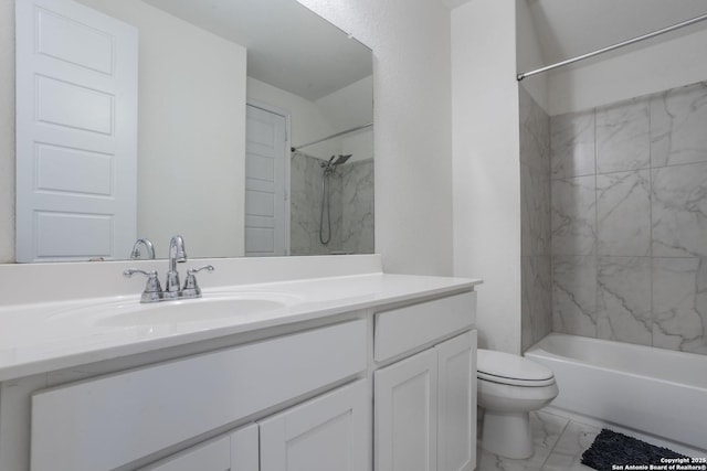 8639 Hedford, San Antonio, TX 78254 - full bath featuring marble look tiles, toilet, vanity, and shower / tub combination