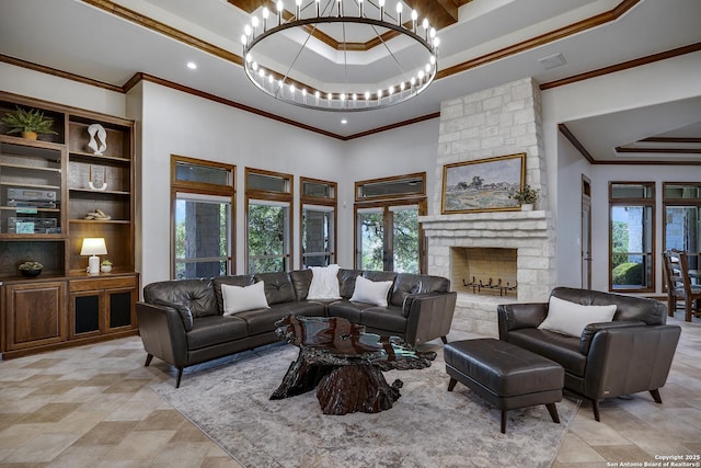 112 Legend Holw, Boerne, TX 78006 - living area with a tray ceiling, crown molding, plenty of natural light, a chandelier, and a high ceiling