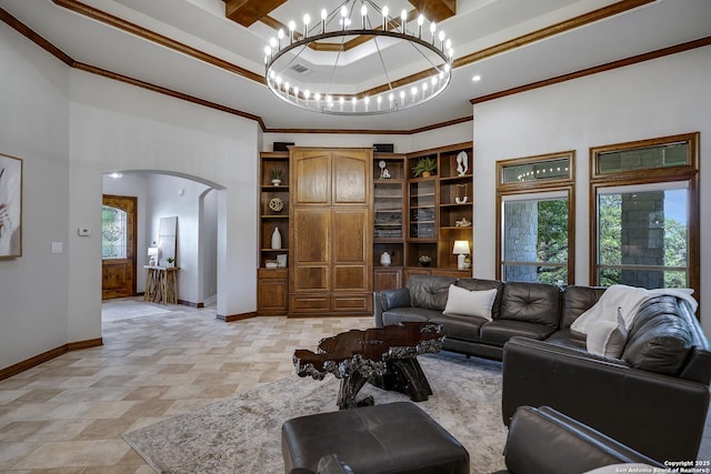 112 Legend Holw, Boerne, TX 78006 - living area with a towering ceiling, arched walkways, healthy amount of natural light, ornamental molding, and baseboards