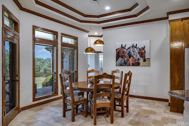 112 Legend Holw, Boerne, TX 78006 - dining space featuring crown molding, a tray ceiling, and baseboards