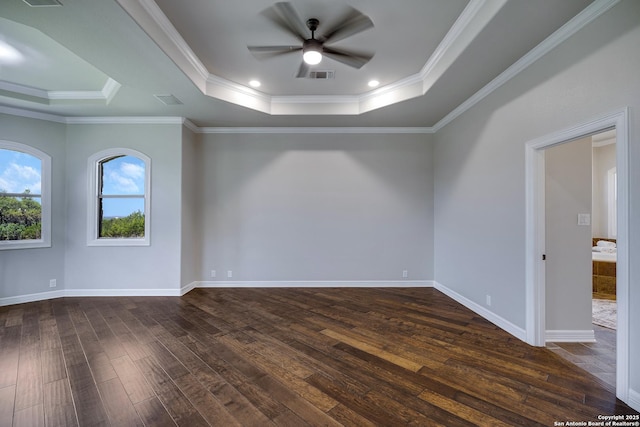 112 Legend Holw, Boerne, TX 78006 - unfurnished room featuring a tray ceiling, dark wood-style flooring, a ceiling fan, ornamental molding, and baseboards