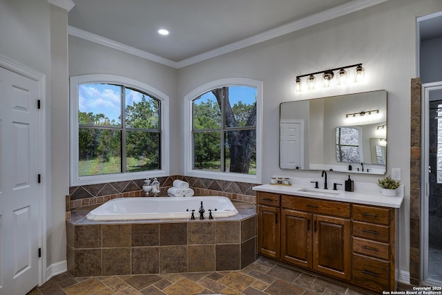 112 Legend Holw, Boerne, TX 78006 - full bathroom with a garden tub, stone tile floors, vanity, and ornamental molding