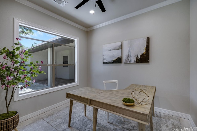 112 Legend Holw, Boerne, TX 78006 - office space with ceiling fan, baseboards, and crown molding