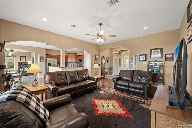 212 Vista Vw, Spring Branch, TX 78070 - living room with ceiling fan, arched walkways, and recessed lighting