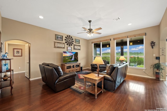212 Vista Vw, Spring Branch, TX 78070 - living room with arched walkways, baseboards, ceiling fan, dark wood finished floors, and recessed lighting