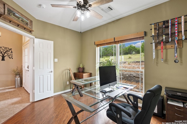 212 Vista Vw, Spring Branch, TX 78070 - office featuring a ceiling fan, baseboards, and wood finished floors