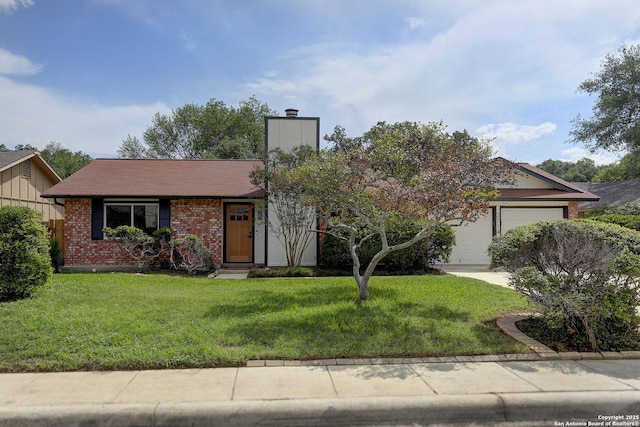 2714 Floral Way, San Antonio, TX 78247 - view of front of home with a chimney, an attached garage, a front yard, and brick siding
