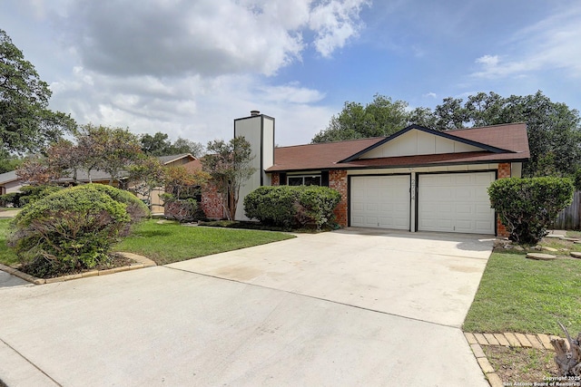 2714 Floral Way, San Antonio, TX 78247 - ranch-style house with a garage, brick siding, driveway, a chimney, and a front yard