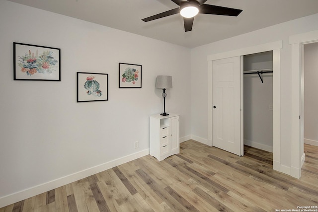 2714 Floral Way, San Antonio, TX 78247 - unfurnished bedroom with light wood-style flooring, a closet, and a ceiling fan