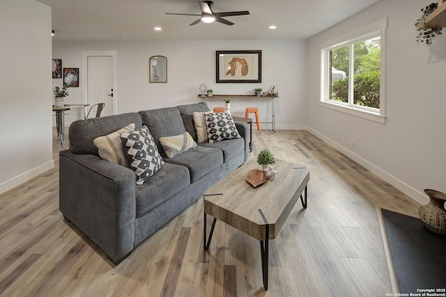 2714 Floral Way, San Antonio, TX 78247 - living room featuring a ceiling fan, recessed lighting, and light wood-style flooring