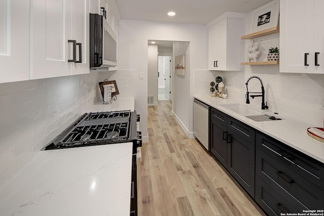 2714 Floral Way, San Antonio, TX 78247 - kitchen with stainless steel appliances, open shelves, dark cabinets, white cabinets, and tasteful backsplash