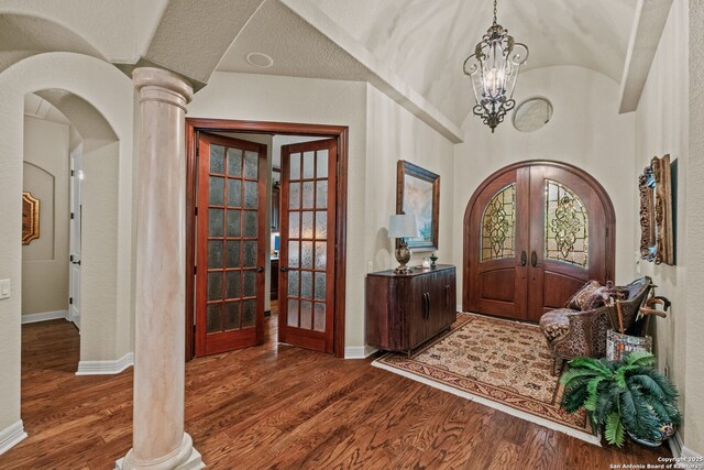 20027 Buckhead, Garden Ridge, TX 78266 - foyer featuring french doors, arched walkways, wood finished floors, baseboards, and vaulted ceiling