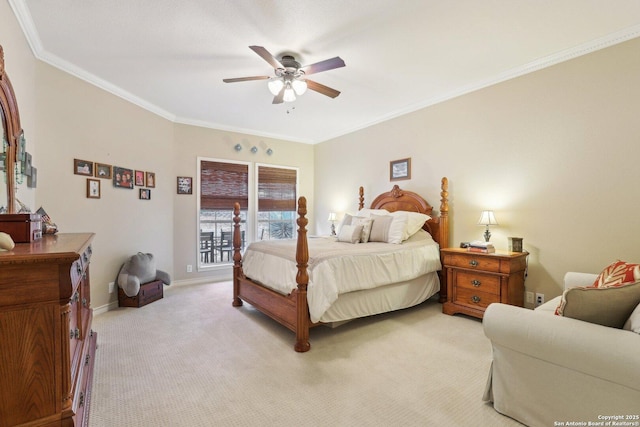 2929 Mccaskey Rdg, San Antonio, TX 78258 - bedroom with light colored carpet, crown molding, a ceiling fan, baseboards, and access to outside