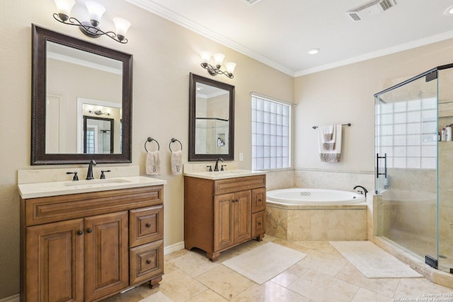 2929 Mccaskey Rdg, San Antonio, TX 78258 - full bath featuring a garden tub, a stall shower, two vanities, crown molding, and tile patterned flooring