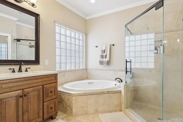 2929 Mccaskey Rdg, San Antonio, TX 78258 - full bath featuring a garden tub, a shower stall, vanity, ornamental molding, and recessed lighting