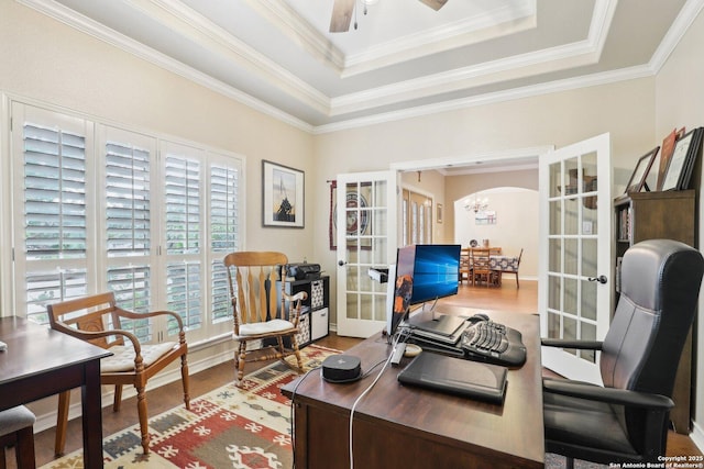 2929 Mccaskey Rdg, San Antonio, TX 78258 - office with french doors, wood finished floors, a raised ceiling, and crown molding