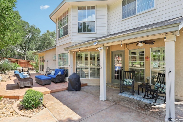 2929 Mccaskey Rdg, San Antonio, TX 78258 - view of patio / terrace with an outdoor living space, a wooden deck, and ceiling fan
