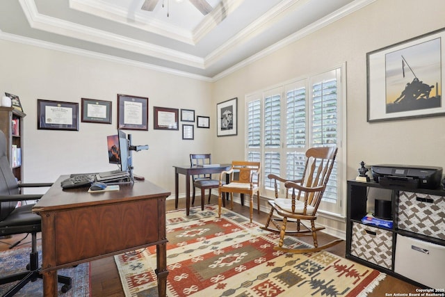 2929 Mccaskey Rdg, San Antonio, TX 78258 - office space with wood finished floors, ceiling fan, crown molding, and a raised ceiling