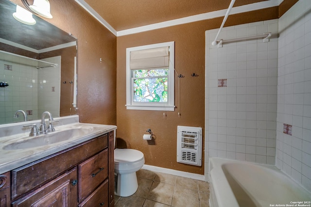 6514 W Ave, Castle Hills, TX 78213 - bathroom featuring heating unit, a textured wall, toilet, tile patterned floors, and vanity