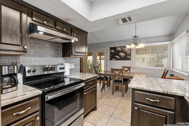 2866 Burning Rock, San Antonio, TX 78247 - kitchen featuring stainless steel electric stove, extractor fan, tasteful backsplash, light tile patterned floors, and a textured ceiling