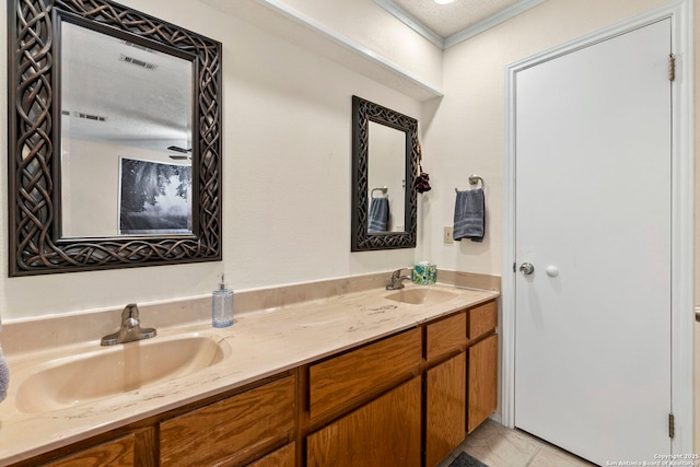 2866 Burning Rock, San Antonio, TX 78247 - full bath featuring double vanity, ornamental molding, and tile patterned flooring