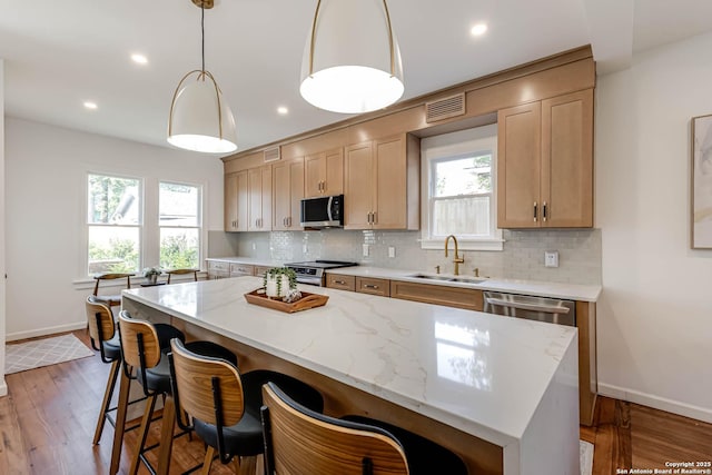 264 E Lullwood, San Antonio, TX 78212 - kitchen featuring appliances with stainless steel finishes, a sink, baseboards, decorative backsplash, and wood finished floors