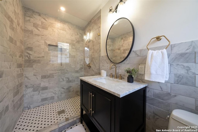 264 E Lullwood, San Antonio, TX 78212 - full bathroom featuring tile walls, vanity, a walk in shower, and toilet