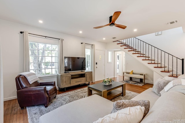264 E Lullwood, San Antonio, TX 78212 - living room with wood finished floors, stairs, ceiling fan, recessed lighting, and baseboards