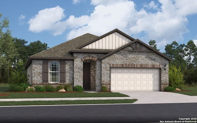 14427 Inspiration Pt, San Antonio, TX 78253 - view of front facade featuring stone siding, board and batten siding, an attached garage, driveway, and a shingled roof