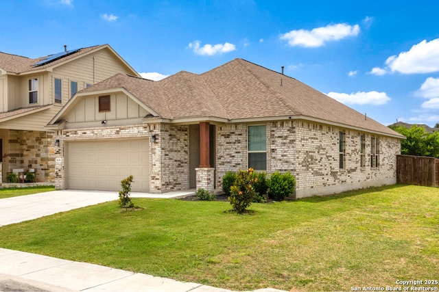 8339 Percheron Pass, San Antonio, TX 78254 - view of front of property featuring concrete driveway, an attached garage, roof with shingles, brick siding, and board and batten siding